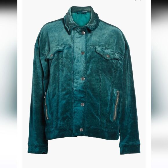 Free People Emerald Green Glam Velvet Trucker Jacket with Silver Button… - Picture 8 of 14